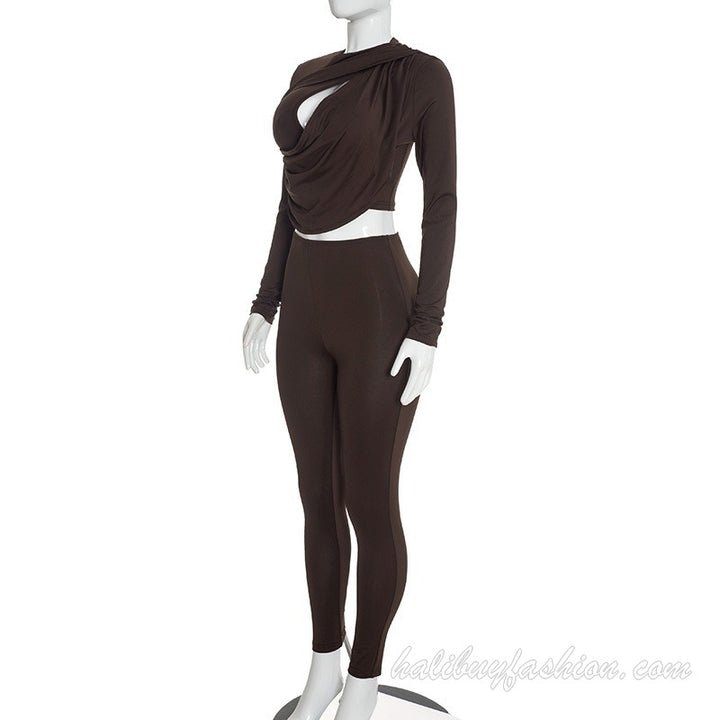 Long sleeve solid hollow out ruched knitted pant set - Halibuy - 17