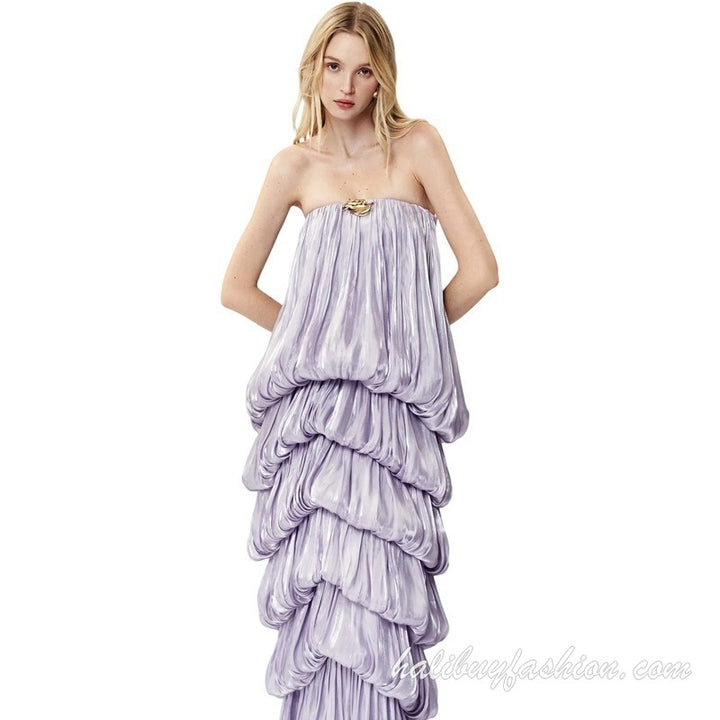 Metallic ruffle pleated backless solid tube maxi dress - Halibuy - 17
