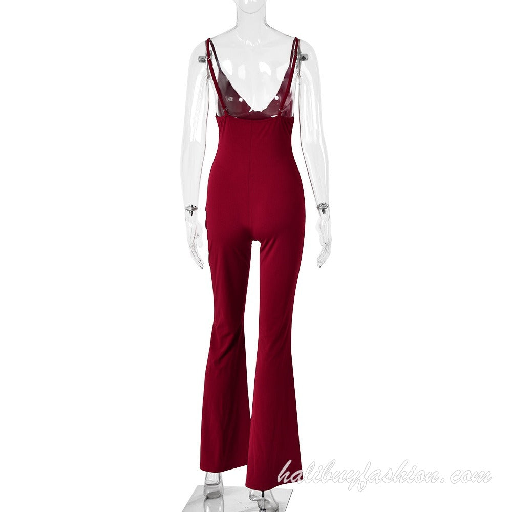 Spaghetti strap sleeveless deep v neck solid lace jumpsuit - Halibuy - 17