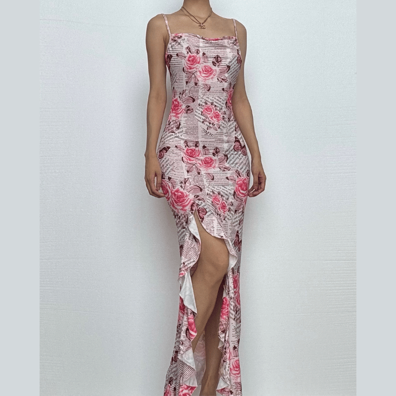 Cowl neck ruffle slit butterfly print cami maxi dress-final-sale  | Festival Outfits Women