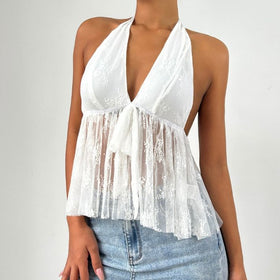 Halter self tie v neck lace backless top  | Festival Outfits Women