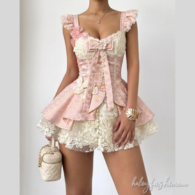 Ruched patchwork bowknot flower applique mini dress