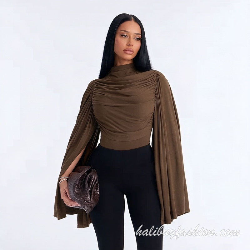 Turtle neck long flared sleeve ruched solid knit bodysuit - Halibuy - 17