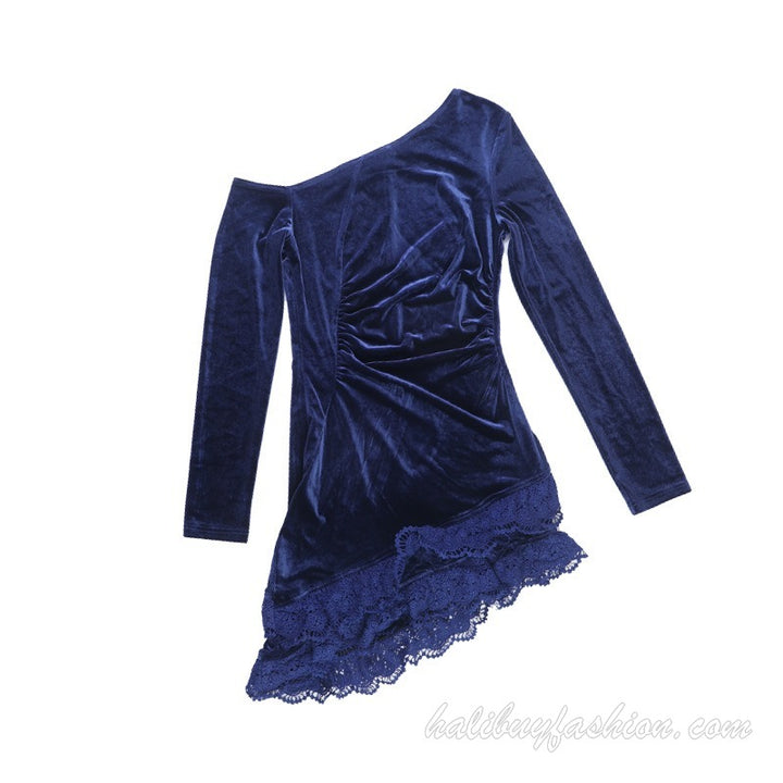 One shoulder long sleeve velvet lace hem ruched mini dress - Halibuy - 17