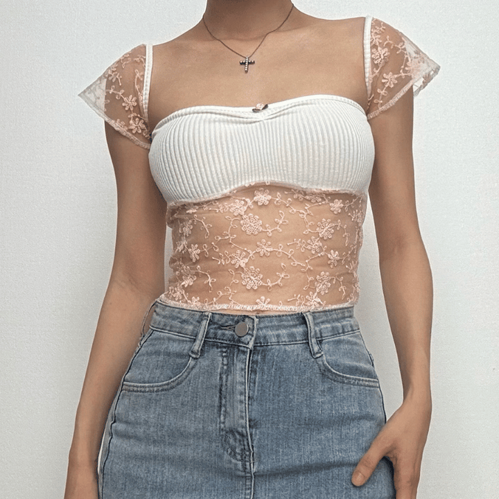 Riga mai lace mai kauri da aka yi da ribbed top | Kayan Biki na Mata