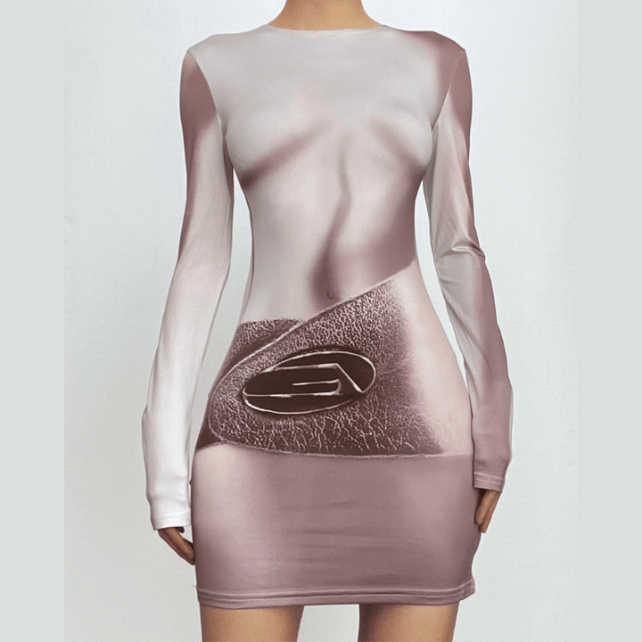 Long sleeve body print crewneck contrast mini dress