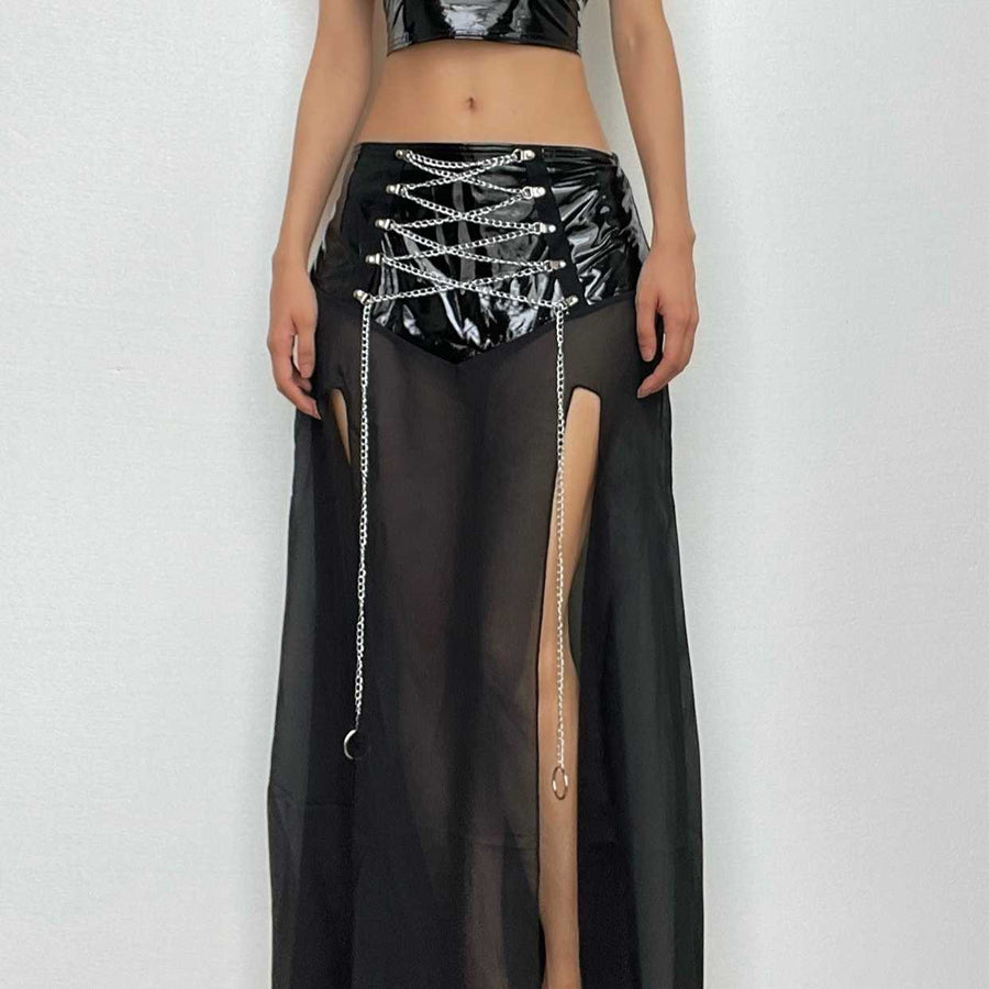 Metal chain lace up slit zip-up mesh PU leather patchwork midi skirt