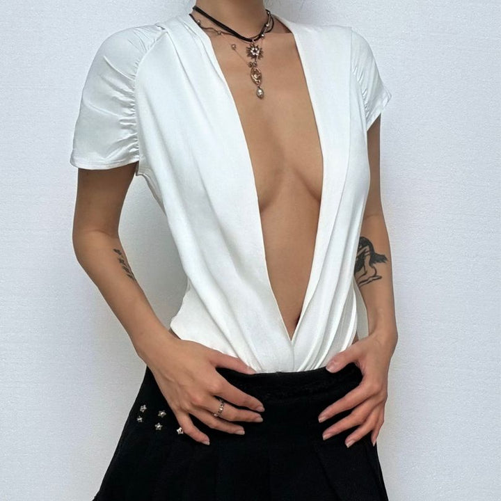 Hoodie short sleeve button deep v neck bodysuit  | Festival Outfits Women-final-sale