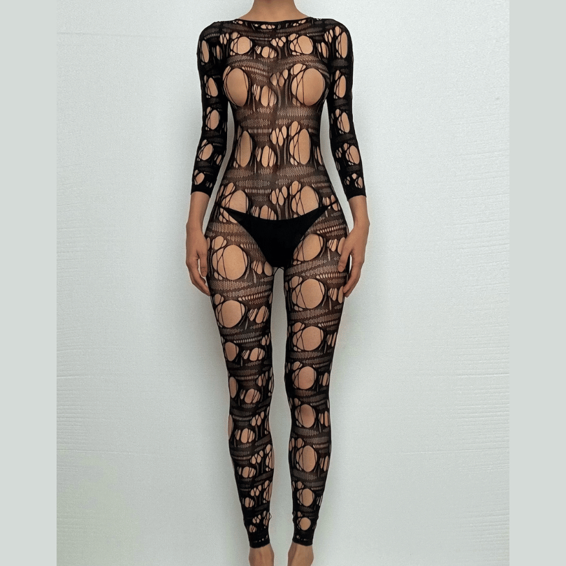 Long sleeve net hollow out padded bodystocking  | Festival Outfits Women