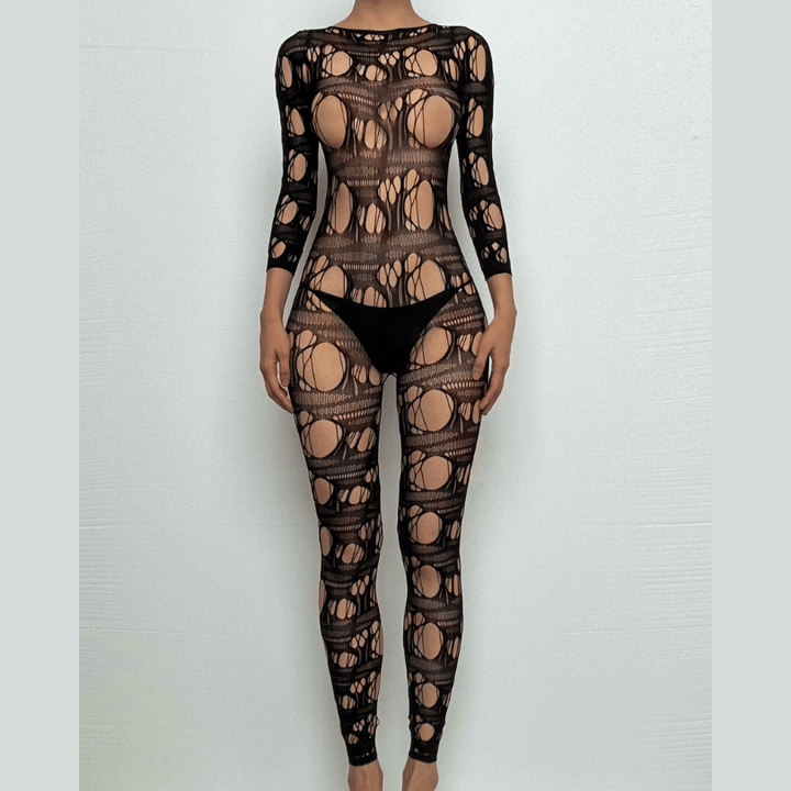 Long sleeve net hollow out padded bodystocking  | Festival Outfits Women