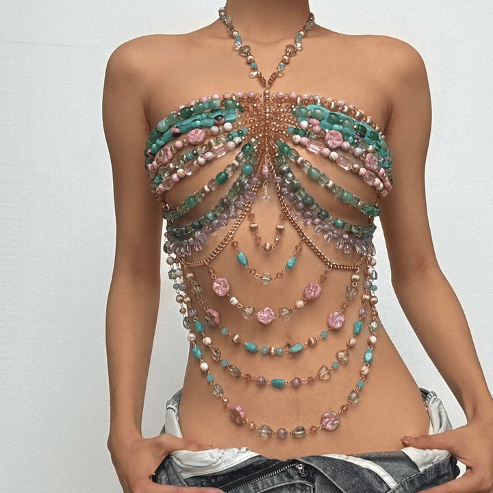 Halter beaded metal chain hollow out cut out top  | Festival Outfits Women