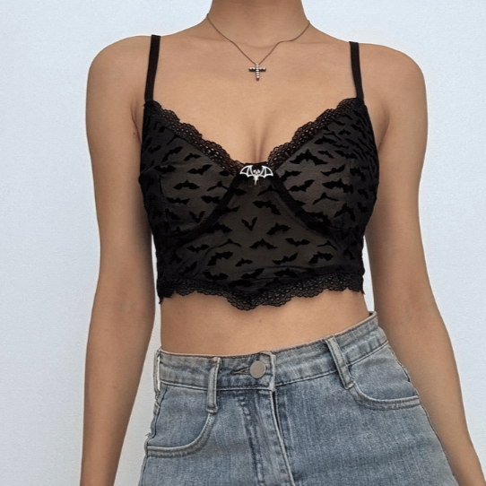 Mesh solid sleeveless bat applique lace hem backless cami top