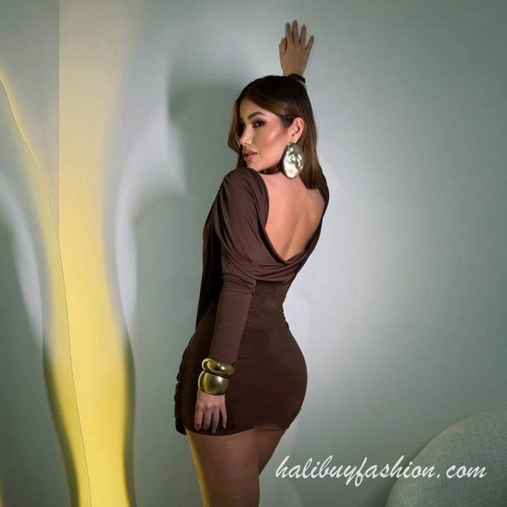 Long sleeve deep v neck cross front ruched solid mini dress - Halibuy - 17