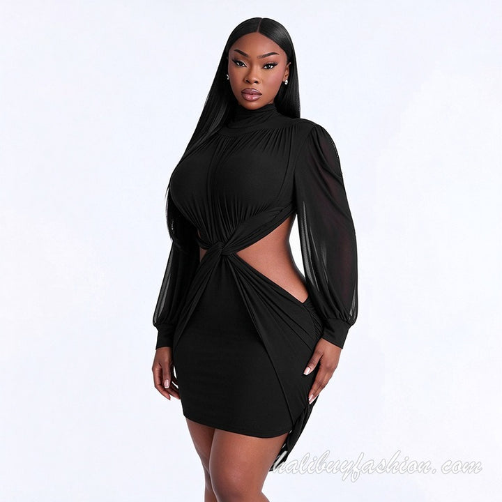 Long sleeve high neck cut out knotted solid ruched mini dress - Halibuy - 17