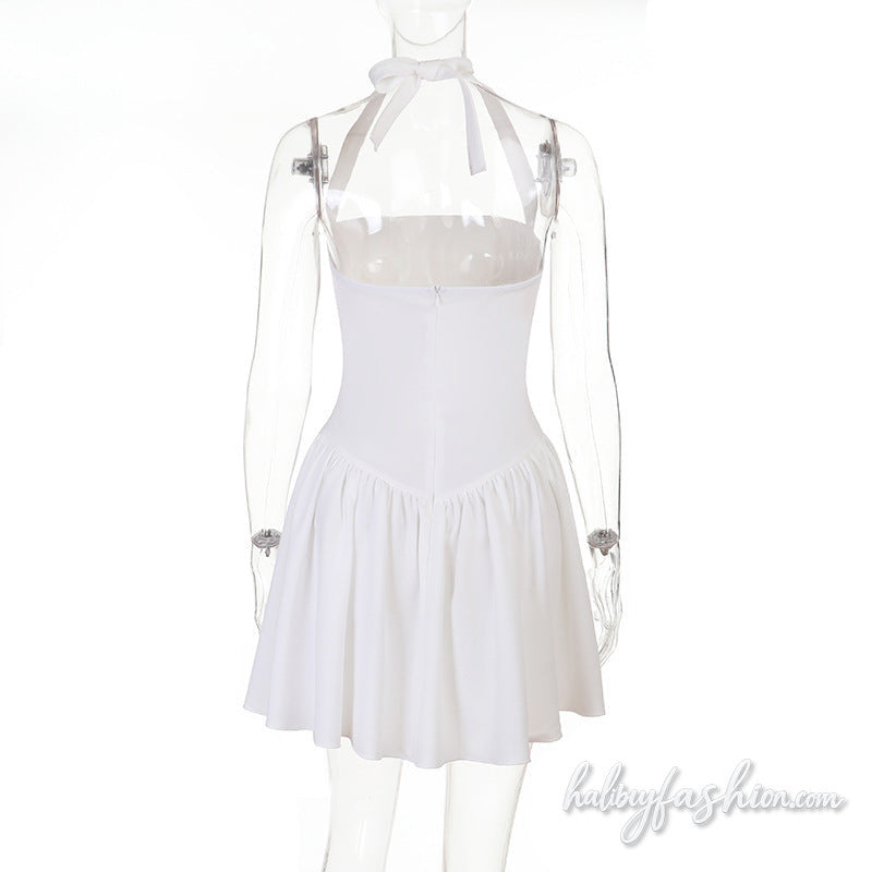 Halter self tie ruched square neck zip-up mini dress