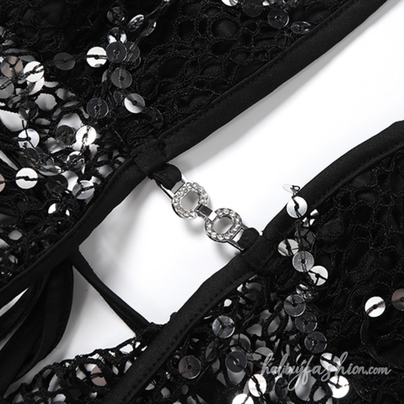 Halter self tie glitter hollow out backless top