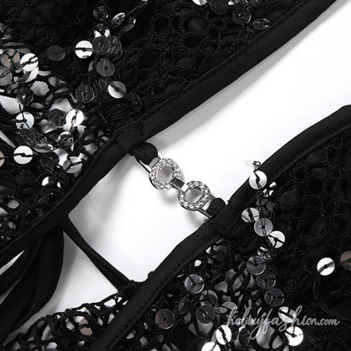 Halter self tie glitter hollow out backless top