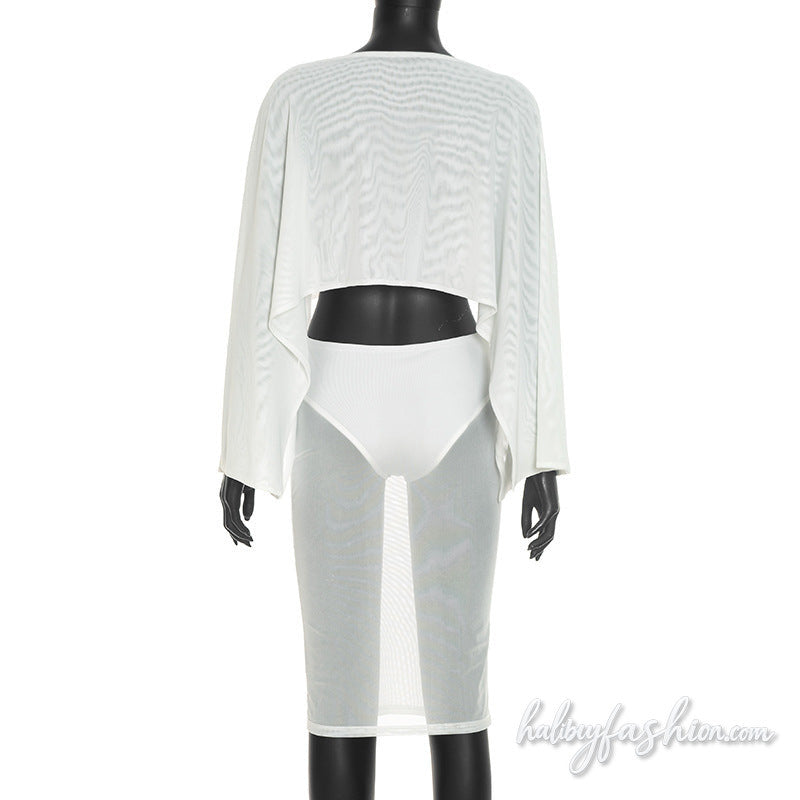 Long sleeve crewneck mesh solid mini skirt set