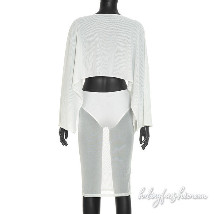 Long sleeve crewneck mesh solid mini skirt set