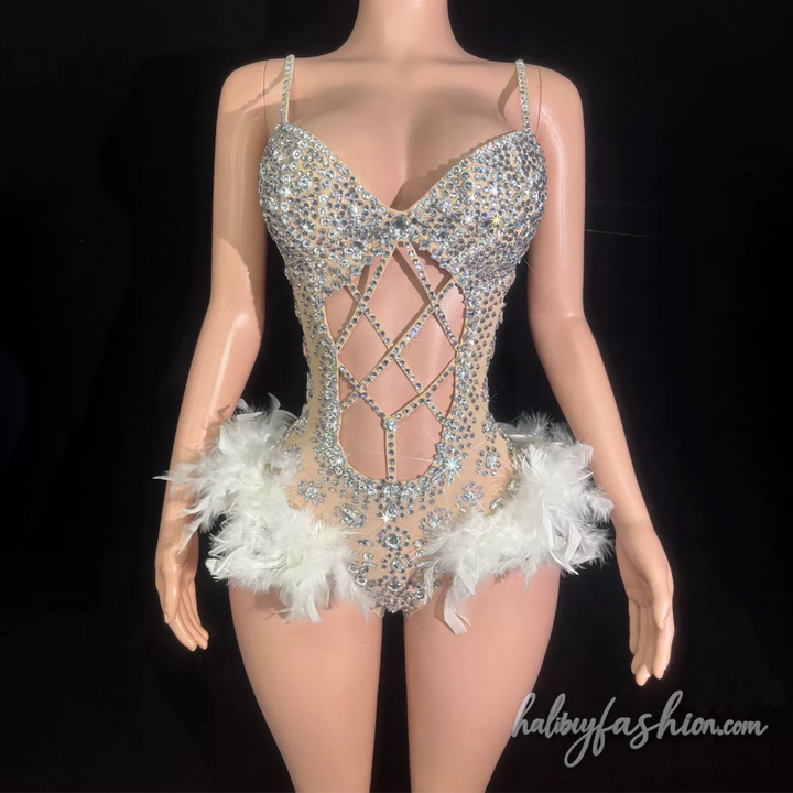 Hollow out beaded feather v neck cami romper