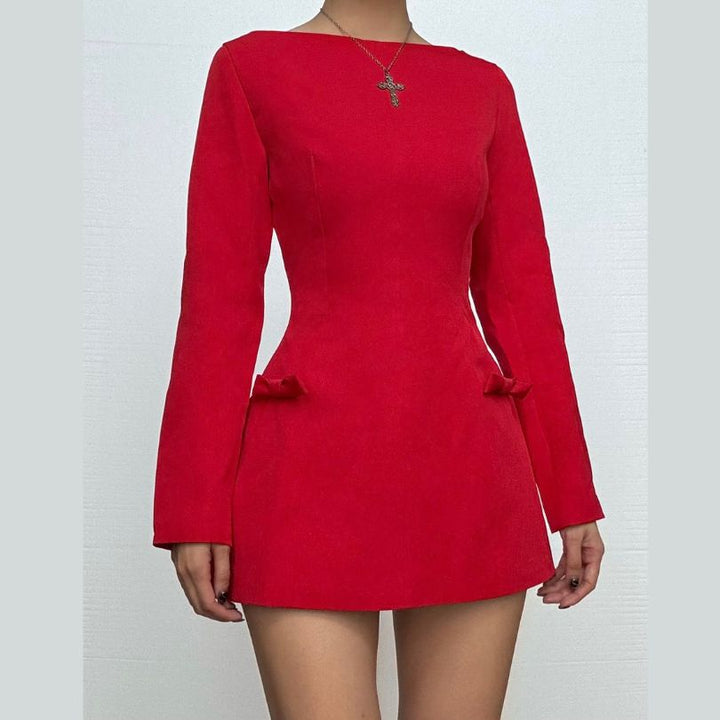 Long sleeve bowknot solid mini dress  | Festival Outfits Women