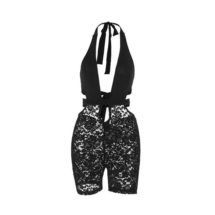 Halter v neck hollow out lace self tie romper  | Festival Outfits Women