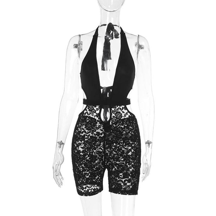 Halter v neck hollow out lace self tie romper  | Festival Outfits Women