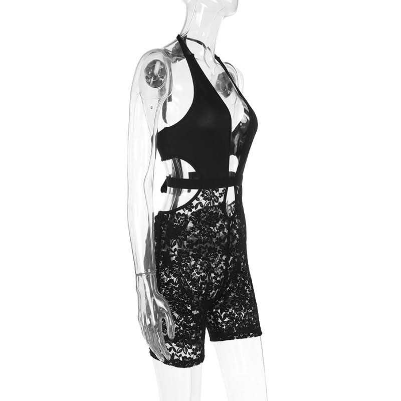 Halter v neck hollow out lace self tie romper  | Festival Outfits Women