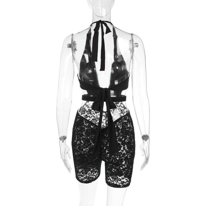Halter v neck hollow out lace self tie romper  | Festival Outfits Women