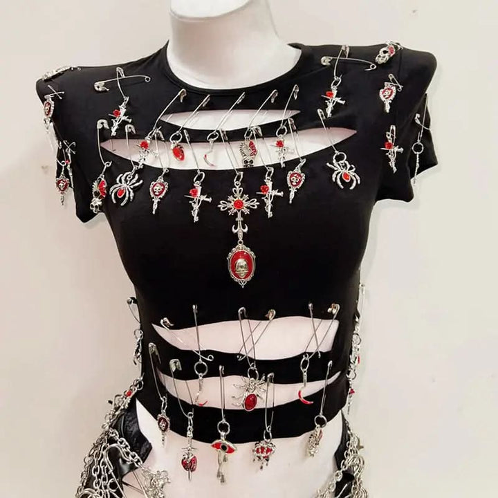 Crewneck short sleeve hollow out metal applique cut out top  | Festival Outfits Women