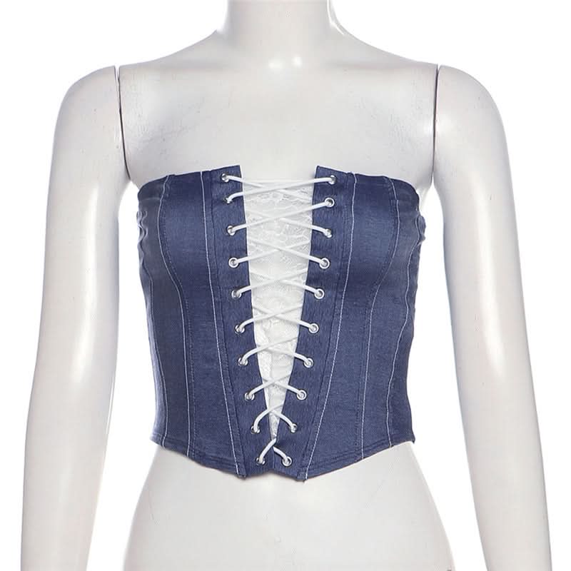 Lace up denim lace hem tube top  | Festival Outfits Women