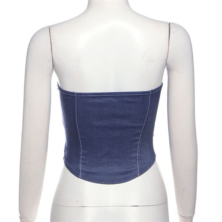 Lace up denim lace hem tube top  | Festival Outfits Women