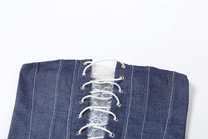Lace up denim lace hem tube top  | Festival Outfits Women