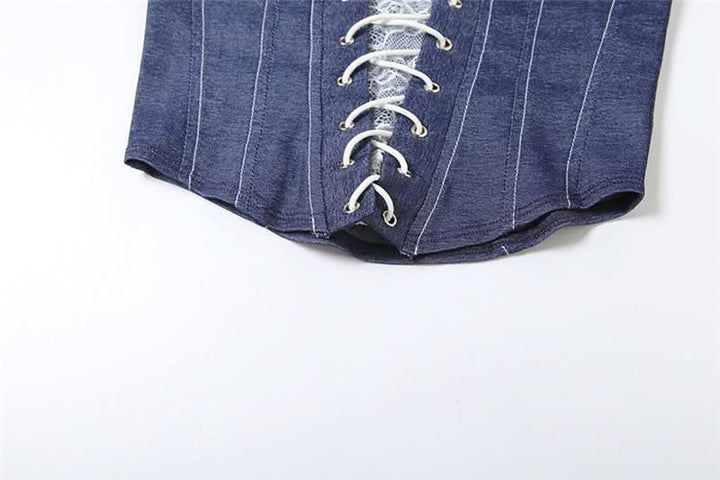Lace up denim lace hem tube top  | Festival Outfits Women