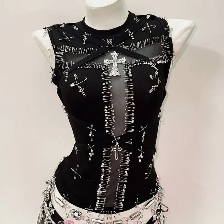 Crewneck sleeveless cross applique top  | Festival Outfits Women