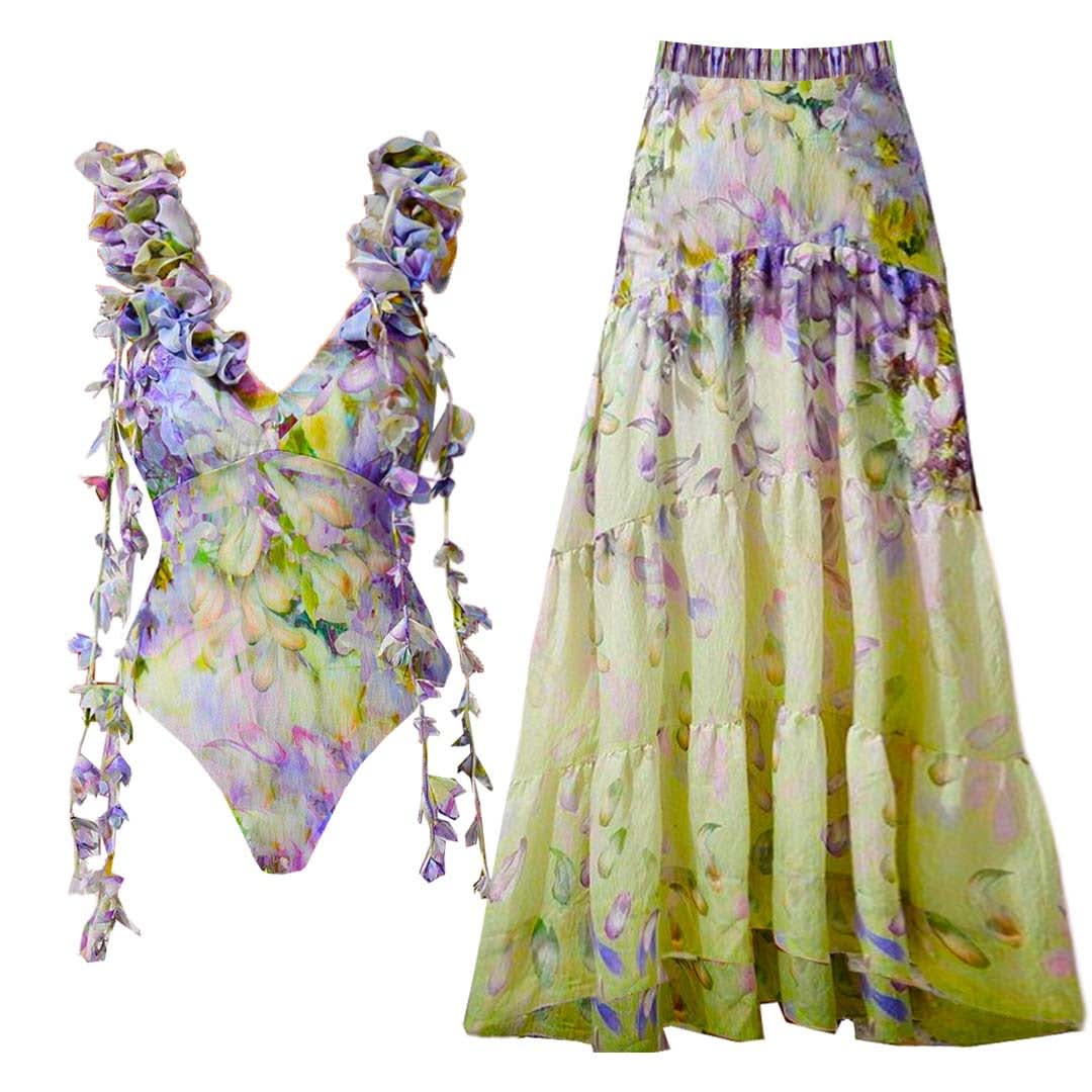 V neck flower print ruffle cami maxi skirt set  | Festival Outfits Women