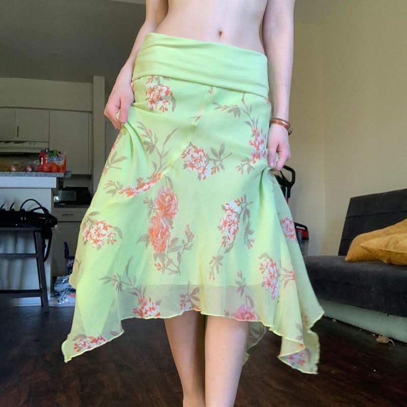 Mesh flower print irregular maxi skirt  | Festival Outfits Women