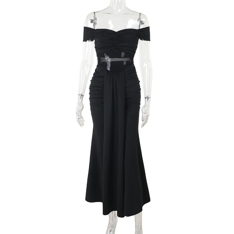 Off shoulder mesh patchwork ruched maxi dress  | Festival Outfits Women