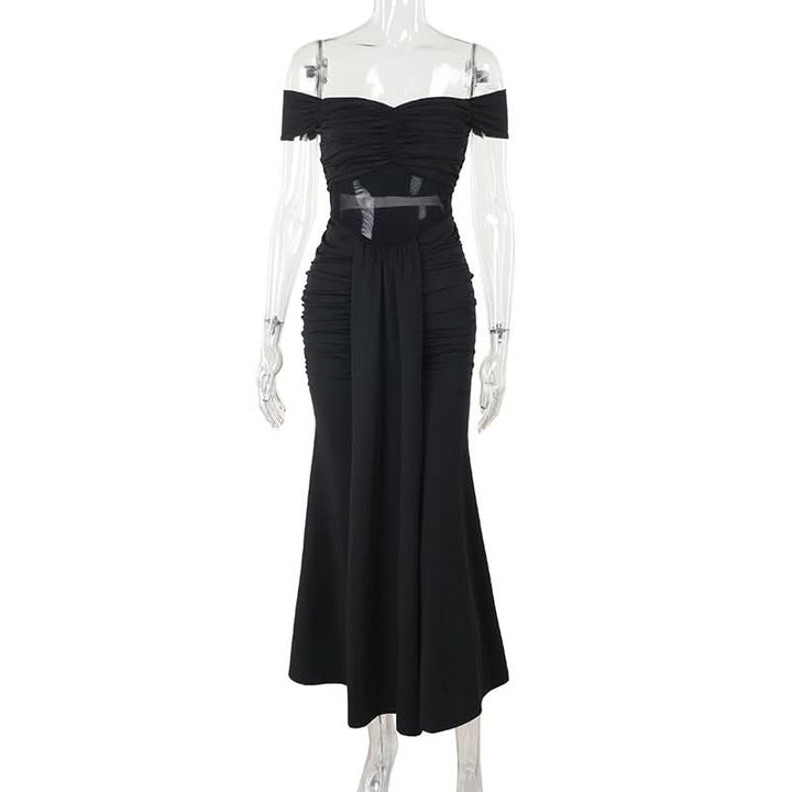 Off shoulder mesh patchwork ruched maxi dress  | Festival Outfits Women