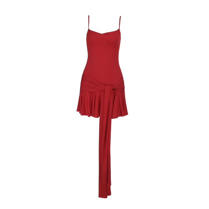 U neck solid knotted ruffle ruched cami mini dress  | Festival Outfits Women