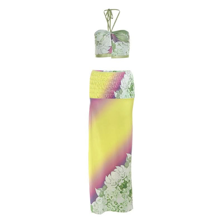 Halter flower print smocked mesh maxi skirt set  | Festival Outfits Women