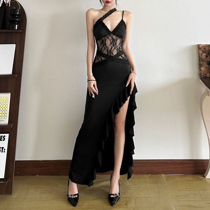 V neck lace hem ruffle cami maxi dress  | Festival Outfits Women-final-sale