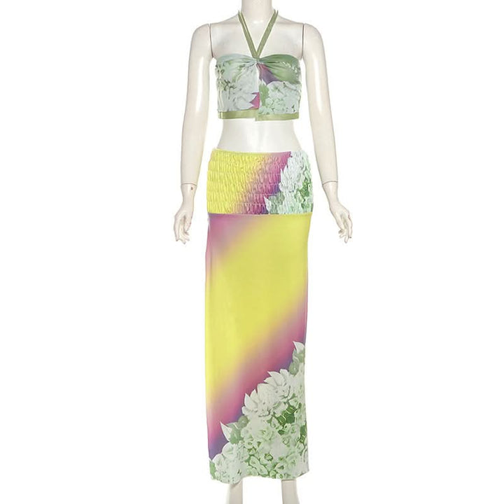 Halter flower print smocked mesh maxi skirt set  | Festival Outfits Women