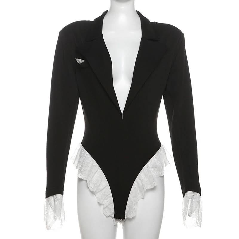 Turnover collar long sleeve lace hem bodysuit  | Festival Outfits Women
