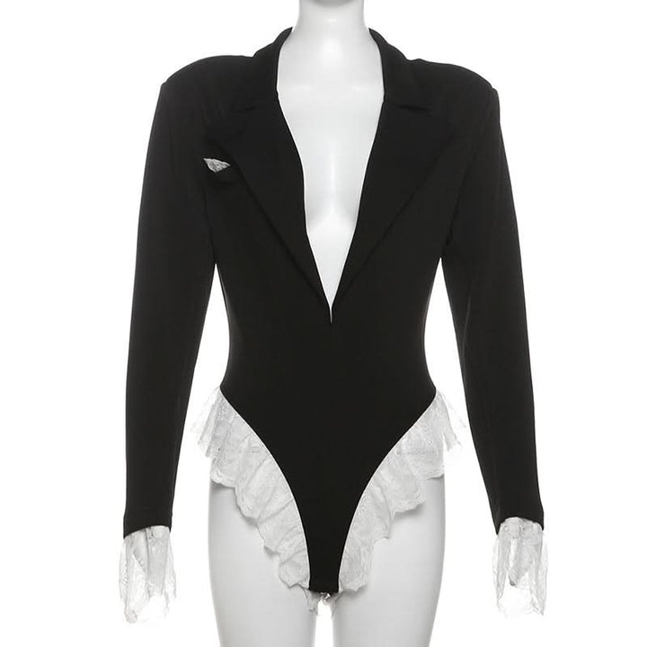 Turnover collar long sleeve lace hem bodysuit  | Festival Outfits Women