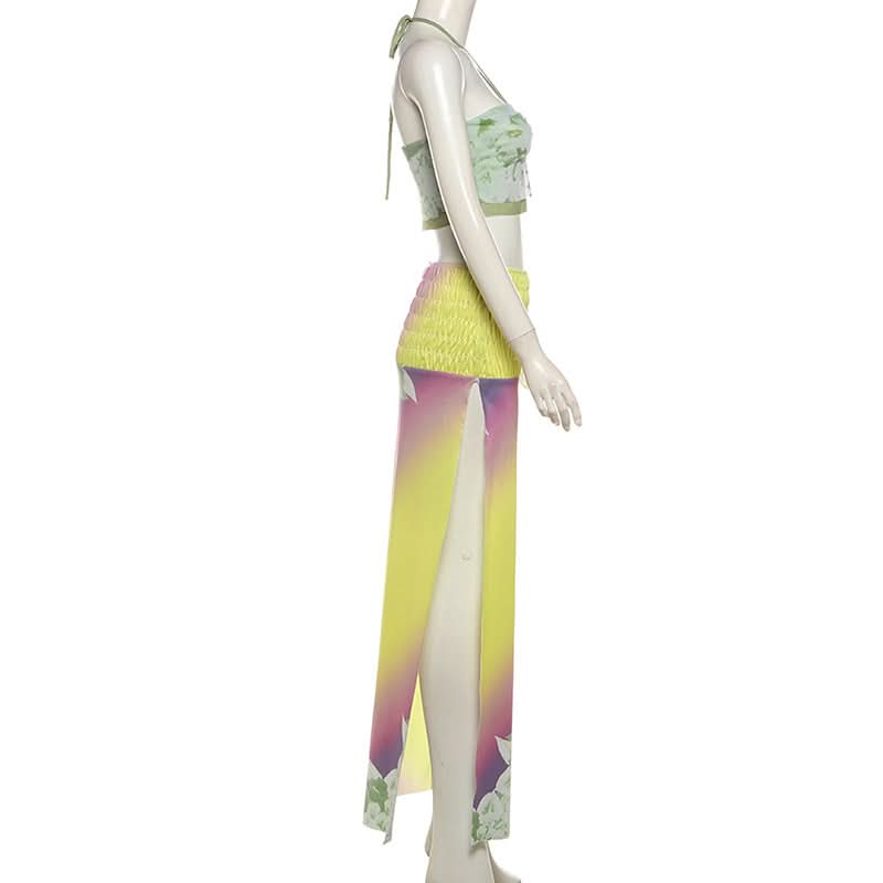 Halter flower print smocked mesh maxi skirt set  | Festival Outfits Women