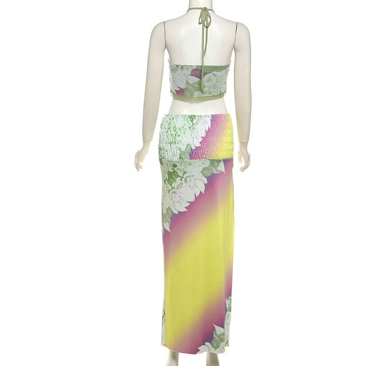 Halter flower print smocked mesh maxi skirt set  | Festival Outfits Women