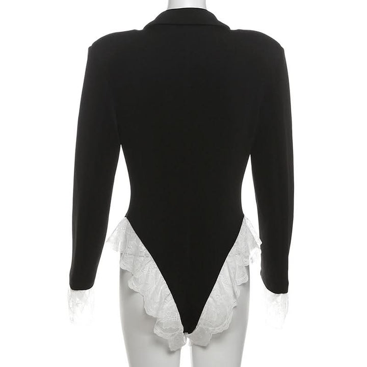 Turnover collar long sleeve lace hem bodysuit  | Festival Outfits Women