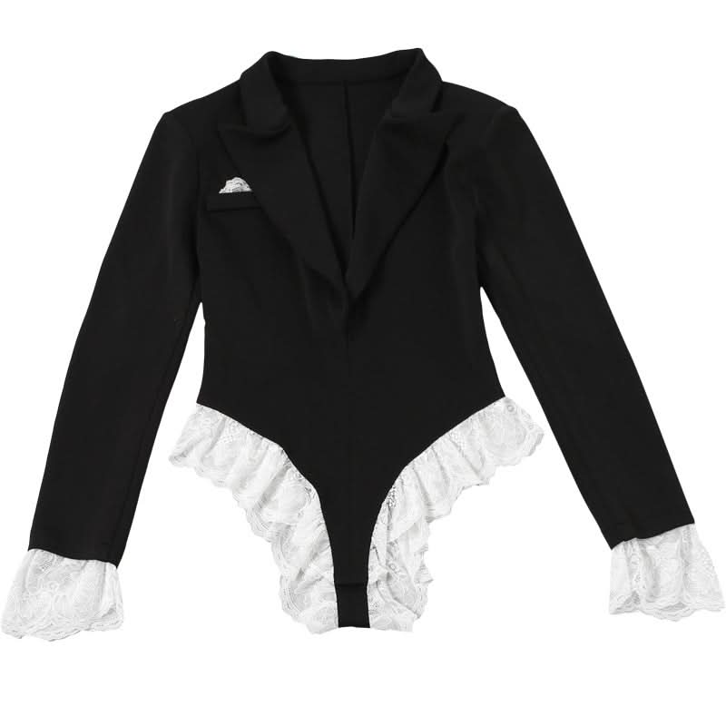 Turnover collar long sleeve lace hem bodysuit  | Festival Outfits Women