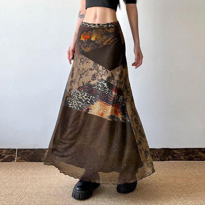 Abstract contrast mesh patchwork maxi skirt  | Festival Outfits Women